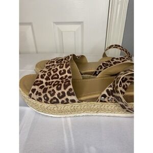 Soda Sandals Shoes Women's 8 Wedge Platform Cheetah Ankle Strap Espadrille Brown